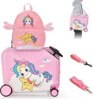 Kinderkoffer zum Draufsitzen, 2 TLG. Kinderkoffer mit Rucksack 18”+12”, Kindergepäck Trolley zum Reisen, Reisetrolley Kinder Trolley Set (Pink-Einhorn2, 18 Zoll + 12 Zoll)