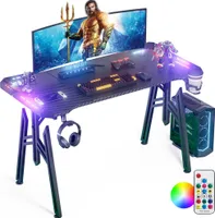 JOIEYOU LED Gaming Schreibtisch 140x60 cm Gaming Tisch Computertisch mit Getränkehalter und Kopfhörerhaken PC Tisch Gamer Tisch Gamingtisch mit Kohlefaserbeschichtung, M-Frame