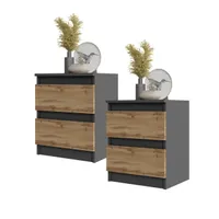 GABRIEL - 2 x Nachttisch - Nachtschrank mit 2 Schubladen 2er Set - Anthrazit Grau / Wotan Eiche H50cm B41cm T33cm