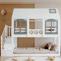 Flieks Etagenbett 90x200cm für 2 Kinder, Kinderbett Hausbett mit Fenster & Dach, Hochbett Stockbett Bodenbett mit Rausfallschutz und Lattenrost, Weiß