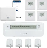 Homematic IP Fußbodenheizung Steuerung für 4 Räume. Smart Home Set: Access Point, 4 Funk Thermostate, 4 Stellantriebe und 1 Fußbodenheizungsaktor.
