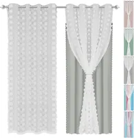 Zasłony dwuwarstwowe zasłony okienne z oczkami zestaw 2 szare zasłony zaciemniające z pomponem tiulowe zasłony sypialnia pokój dziecięcy, 132x160cm