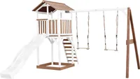AXI Beach Tower Spielturm aus Holz in Braun & Weiß | Spielhaus für Kinder mit weißer Rutsche, Doppelschaukel und Sandkasten | Stelzenhaus für den