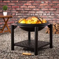 GARDEBRUK® Feuersschale mit Funkenschutz Abdeckung Schürhaken Rund Ø 55cm Holz Ablage Stahl Schwarz Feuerstelle Feuerkorb Garten Terrasse  Kamin Grill