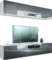 Vladon Wohnwand Mogan, Weiß matt/Grau Hochglanz - Moderne Anbauwand bestehend aus 2 TV-Boards (181 x 147 x 35 cm)