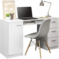 MADESA Moderner Computertisch mit Stauraum, Schreibtisch mit 3 Schubladen, 1 Tür und 1 Regal, Holz, 136 x 45 x 77 cm - Weiß