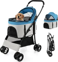 GOPLUS 3 in 1 Hundewagen, Hundebuggy mit abnehmbarem Träger, verstellbarem Vordach, Netzeingang mit Reißverschluss & Bodenkorb, Haustiere Buggy, Blau