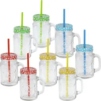 Trinkglas mit Deckel und Strohhalm - 8er Set / je 480 ml - Wasserglas Saftglas Henkelglas Vintage Retro