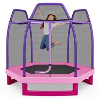 COSTWAY Ø223cm Gartentrampolin mit Sicherheitsnetz, Kindertrampolin bis 150KG belastbar Rosa