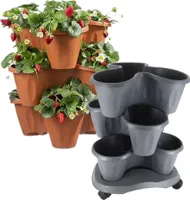 Pflanzturm Erdbeerturm Pflanzkübel auf Rollen Vertikaler Garten Kräuterspirale Säulentopf SET 3 Ebenen Kräutergarten Roller Blumentopf stapelbar terracotta