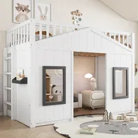 Flieks Etagenbett 90x200cm mit Rausfallschutz, Kinderbett Hausbett mit Lattenrost, Hochbett Einzelbett Holzbett mit Fenster, Kinderbett Weiß