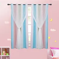 Gardinen Mit Ösen 2er Set Vorhänge Schlafzimmer Kinderzimmer Mädchen Verdunkelung Blickdicht Vorhang mit Hohlen Stern & Voile, 1.3*2.43M, Rosa+Blau