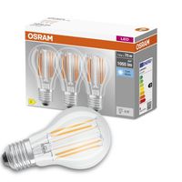 OSRAM LED BASE Classic A75, klare Filament LED-Lampen aus Glas für E27 Sockel, Birnenform, Kaltweiß (4000K), 1055 Lumen, Ersatz für herkömmliche 75W-Glühbirnen, 3er-Box