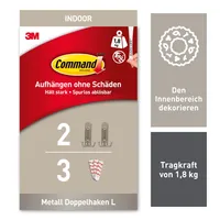 Großer Command™ Doppelhaken in gebürstetem Nickel - DC036-2, 2 Haken, 3 Strips - Huthaken Mantelhaken
