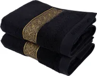 Aymando Luxus Handtuch 2er Set | Edel Qualität aus 100% ägyptischer Baumwolle | Blende mit edler Ornamentstickerei in Gold | 50x100cm Schwarz