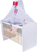 KMbaby Babybett K2 gelb-weiss 120x60 mit 10tlg Bettwäsche Set Matratze Gitterbett Marine blau weiss