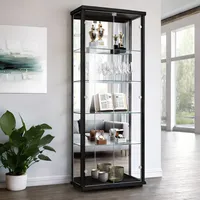 K-Möbel Glasvitrine stehend in Schwarz (176x67x33 cm) mit 4 höhenverstellbaren Glasböden, Spiegel, Schloss & LED - Standvitrine - Vitrinenschrank