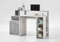 FMD 3006-001 Schreibtisch mit Ablagemöglichkeiten inNachbildung Weiß/Beton Light Atelier, Maße ca. 138,5 x 92 x 53,5 cm (BxHxT)