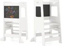 DREAMADE Kinder Lernturm, Tritthocker aus Holz mit doppelseitiger Tafel, Sitzhöhe in 3 Positionen verstellbar, maximale Tragfähigkeit 60 kg, Weiß