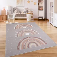 Teppich Kinderzimmer Kinderteppich Kurzflor Rutschfest Herzen Sonne Regenbogen Grösse 120 cm Rund