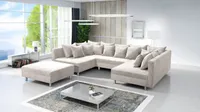 Wohnlandschaft Sofa Couch Ecksofa Eckcouch in Cordstoff beige Minsk XXL + Hocker
