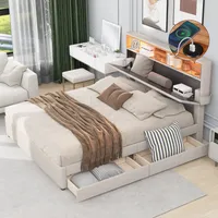 Flieks Polsterbett 140x200cm mit USB, Doppelbett mit 2 Schubladen, Stauraumbett Jugendbett mit LED, Holzbett mit Lattenrost, Leinen, Beige