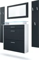 Vladon Garderobe Malea, Garderobenset bestehend aus 1 Hängeschuhschrank, 1 Wandspiegel und 2 Garderobenpaneele, Weiß matt/Schwarz matt