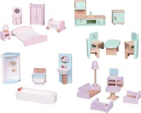 Set - Holz - Puppenmöbel / PuppenhausmöbelWohnzimmer, Schlafzimmer, Küche und Bad 24 teilig
