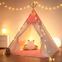 Kinder Tipi Zelt mit Matte, Fixator und Girlande 120Lx120lx150H – rosa