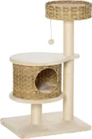 PawHut Kratzbaum Rattan 95 cm Höhe 3-Stufiger Katzenbaum mit Platform, Katzenbett, Kletterbaum mit Katzenhöhle Sisalstämmen Spielbälle Katzenmöbel Sisal Natur+Beige
