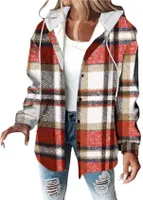 ASKSA Damen Winterjacke Karierte Hemdjacke Wolljacke Fleece Gefuettert Warme Kapuzenjacke Laessige Knopfleiste Jacke Mantel mit Taschen (Rot,XL)