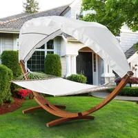 Fiqops Hängematte Wetterfestem Hängematten Stabhängematte Outdoor Holz mit Gestell XXL Garten Hängemattengestell 2 Personen 410cm Gartenliege Liege