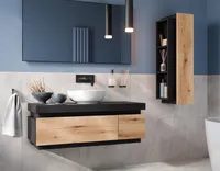 Easy4You Matt Schwarz/Eiche Set Badezimmermöbel Unterschrank SEYA 110 cm mit 2 Schubladen + Seitenschrank 30x100 cm Badschrank Badezimmerschrank