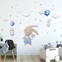 INSPIO - Samolepka na zeď - Modré zajíčky s balony - Samolepky na zeď - Hvězdy a oblaka, Zvířata, Balóny, Akvarelové samolepky - Dětský pokoj, Pro kluky - Modrá - Textilní samolepka na zeď, kterou můžete znovu nalepit