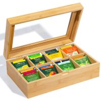 Theo&Clea Teebox Holz, 30 * 19 * 9 cm, Teeboxen für Teebeutel, Aufbewahrungsbox für Kaffee, Gewürze und Tee, Teekiste mit Sichtscheibe (30x19x9cm(8 Fächer