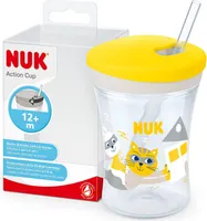 NUK Action Cup Trinkbecher Kinder | 12+ Monate | 230 ml | Drehdeckel mit weichem Strohhalm | auslaufsicher | BPA-frei | gelbe Katze