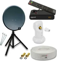 PremiumX Camping Satelliten-Komplettanlage 60cm Antenne Anthrazit SAT Single LNB Dreibein Stativ TV Kabel DVB-S2 HD Receiver