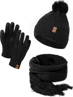 Damen Mütze Schal Winter Set | Gefütterte Strickmütze mit Bommel | Winterschal mit Fransen | Touchscreen Handschuhe Schwarz