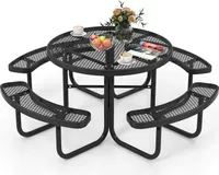 COSTWAY Sitzgarnitur für 8 Personen, Picknicktisch mit Schirmloch & 4 Bänken, runder Gartentisch Metall, Gartenmöbel, Sitzgruppe, Schwarz