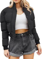 ASKSA Damen Puffer Jacke Kurz Stehkragen Winter Steppjacke Warm Gesteppte Dicke Winterjacke Outdoor, Schwarz, 2XL