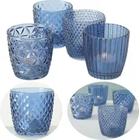 LS-LebenStil 4´er Set Glas Teelichthalter Retro Blau 7cm Teelichtglas Windlichthalter Kerzenhalter Kerzenglas Kerzenständer für Teelichter