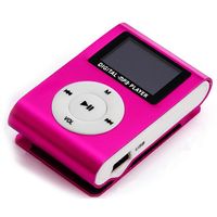 Mini MP3 přenosný hudební přehrávač, kovové pouzdro, design klipu na zadní straně, mini LCD displej, růžově červená barva