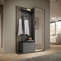 Garderoben-Set mit Lamellen Polly Kompaktgarderobe mit Schuhschrank inkl. gepolstertem Sitz Garderobenschrank mit Spiegel Wandgarderobe mit Haken, Farbe: Grau, mit Polstersitz