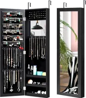 COSTWAY Verspiegelter Schmuckschrank, Schmuckregal mit Ganzkörperspiegel, eingebautem Schminkspiegel, Haken & 3 Regalen schwarz
