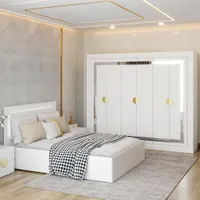 Drehtürenschrank Kleiderschrank Schrank 230 cm Weiß/Weiß sechstürig mit Spiegeleinsätzen PERL