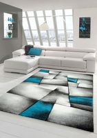 Moderner Designer Teppich in Schwarz Grau und Weiß mit Kachel Optik Kurzflor 