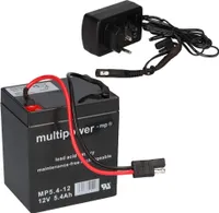 Multipower Blei Akku 12V 5,4Ah mit Stecker + Ladegerät für Raasenmäher Akkus