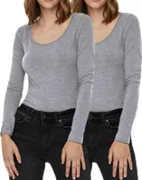 Vero Moda Doppelpack Damen Langarmshirts Basic Slim-Fit Shirt unifarben Rundhals Ausschnitt, VM 908 LS 2xGrau-M