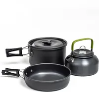 Camping Kochgeschirr für Outdoor Kochausrüstung Bratpfanne Topf Wasserkocher Schwarz