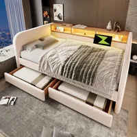 okwish Schlafsofa,Polsterbett Tagesbett 140x190 cm, mit LED und USB-C Ladefunktion,Schlafsofa mit 2 Schubladen  Stauraum im Kopfteil,  Leinen, Hellbeige (Ohne Matratze)